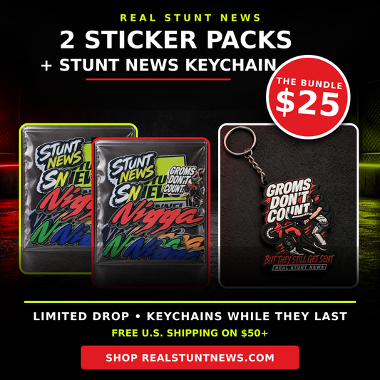 Two Real Stunt News Sticker Packs and one Stunt News Keychain bundle for $25